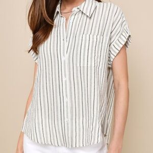 Lulus Vacation Sun Ivory Striped Cotton Collared Button-up Top White - Size S